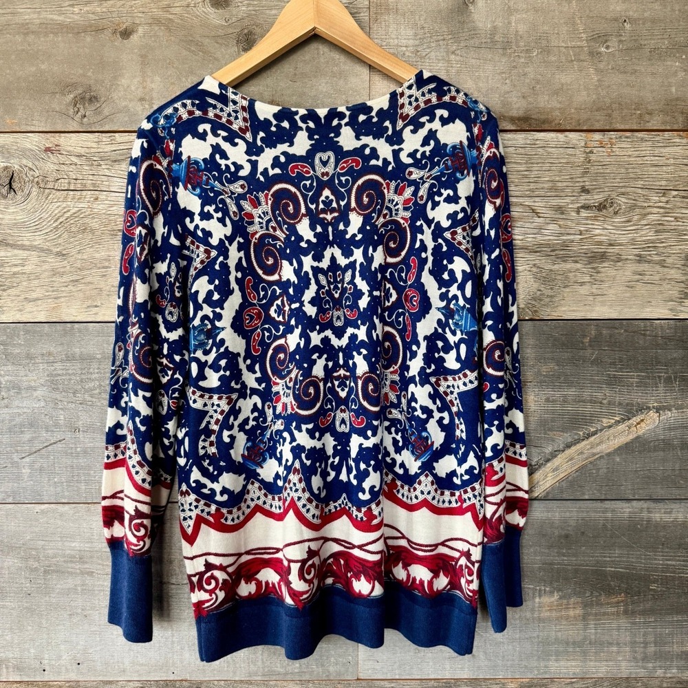 Talbots Soft Merino Wool V-Neck Sweater 1X Blue Red Preppy Old Money Fourth July - Picture 8 of 10